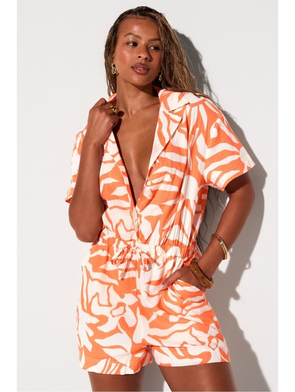 Women's Orange and White Abstract Print Short Sleeve Romper
